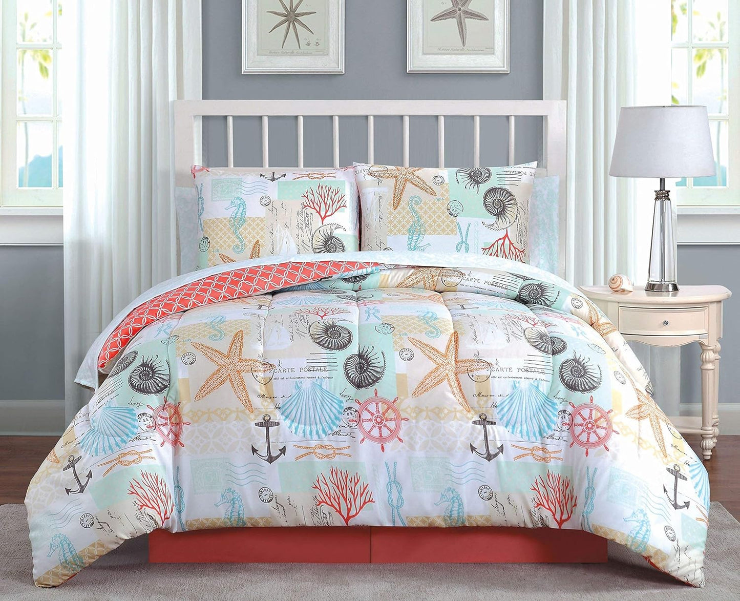 Home Fashion Belize Bedding Set, Queen, Coral