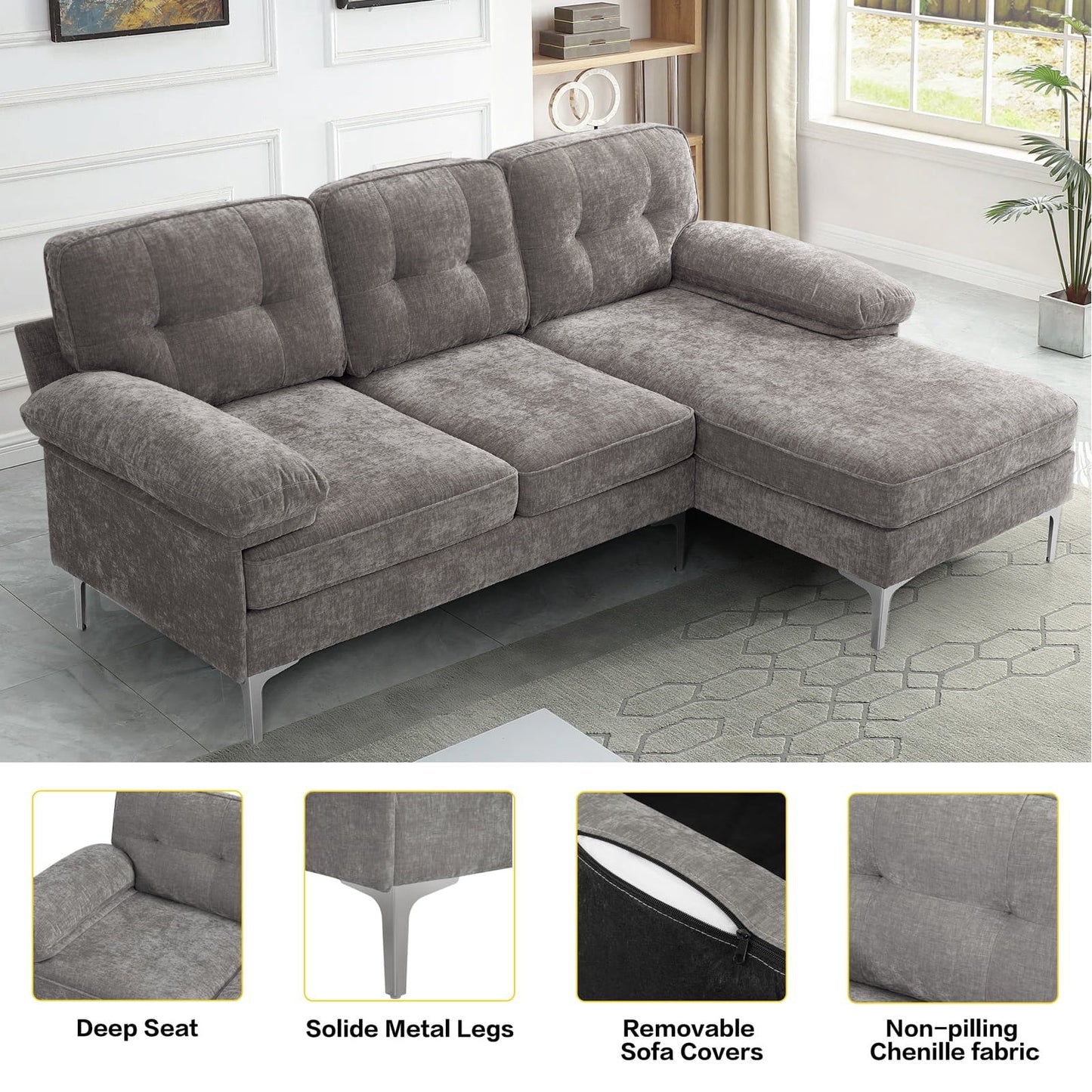 Convertible Sectional Sofa Couch, Convertible L Shaped Couch with Reversible Chaise, 3 Seater, Gray