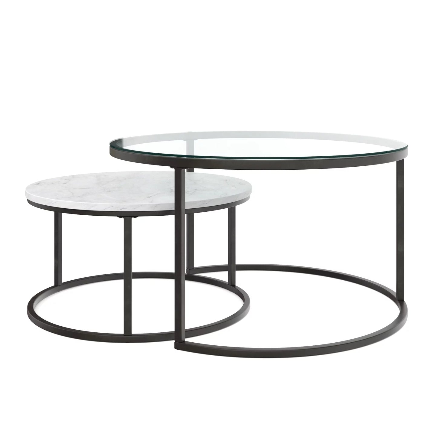 2pc Stella Coffee Table Set, Glass & Marble Finish, Marble/Glass/Black