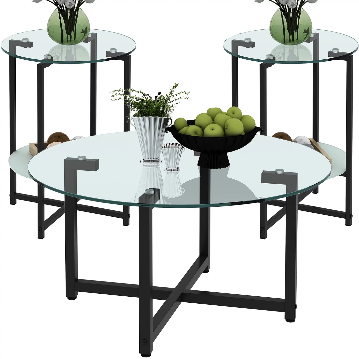 3 Piece Glass Coffee Table Set (Coffee Table and End Table) 