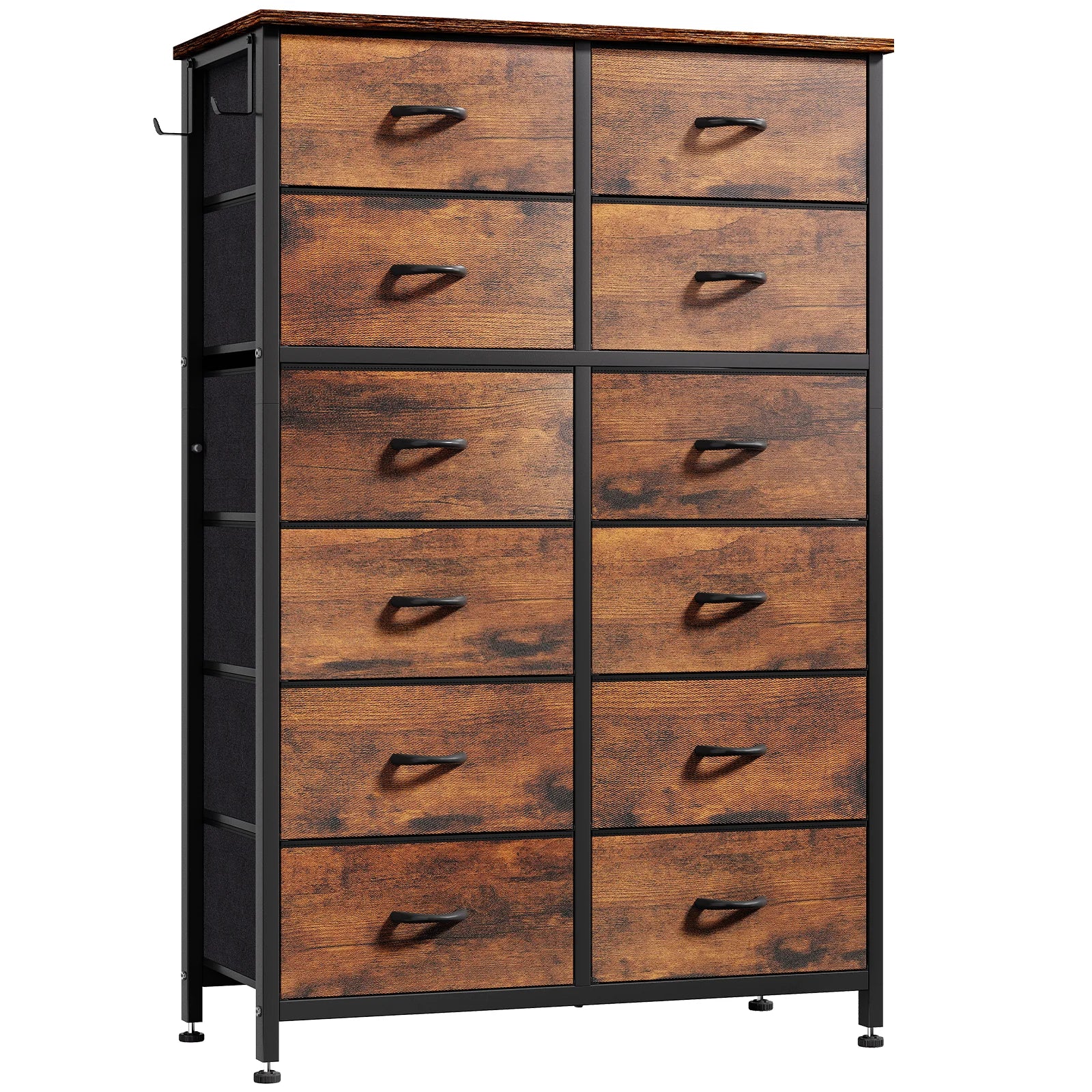 12 Drawer Chest, Tall Dresser, Steel Frame and Wooden Top Brown