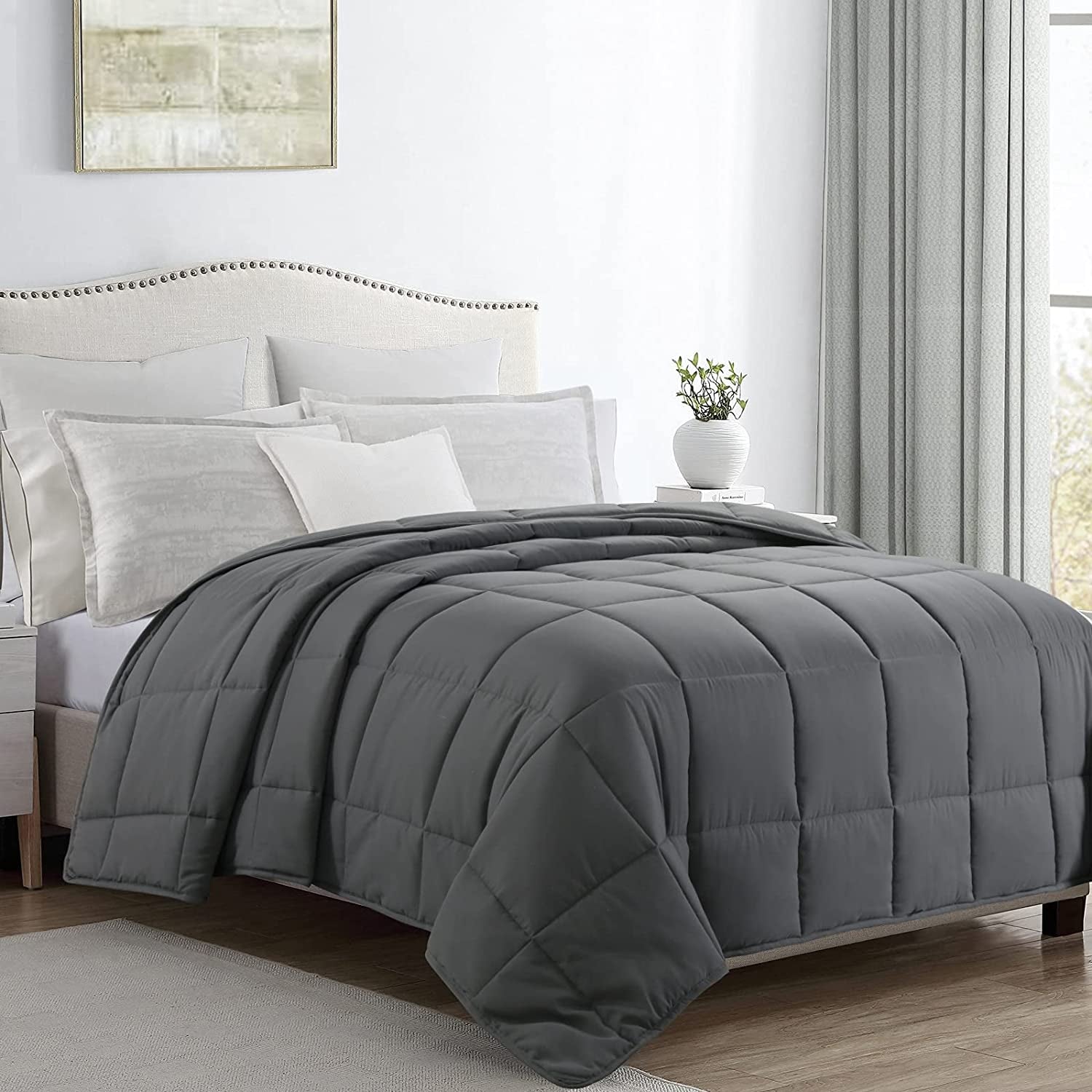 Oversized King Comforter 120X128 Lightweight, Grey Quilted Duvet Insert with 8 Corner Tabs Microfiber Comforter (Grey, Oversized King plus 120"X128")