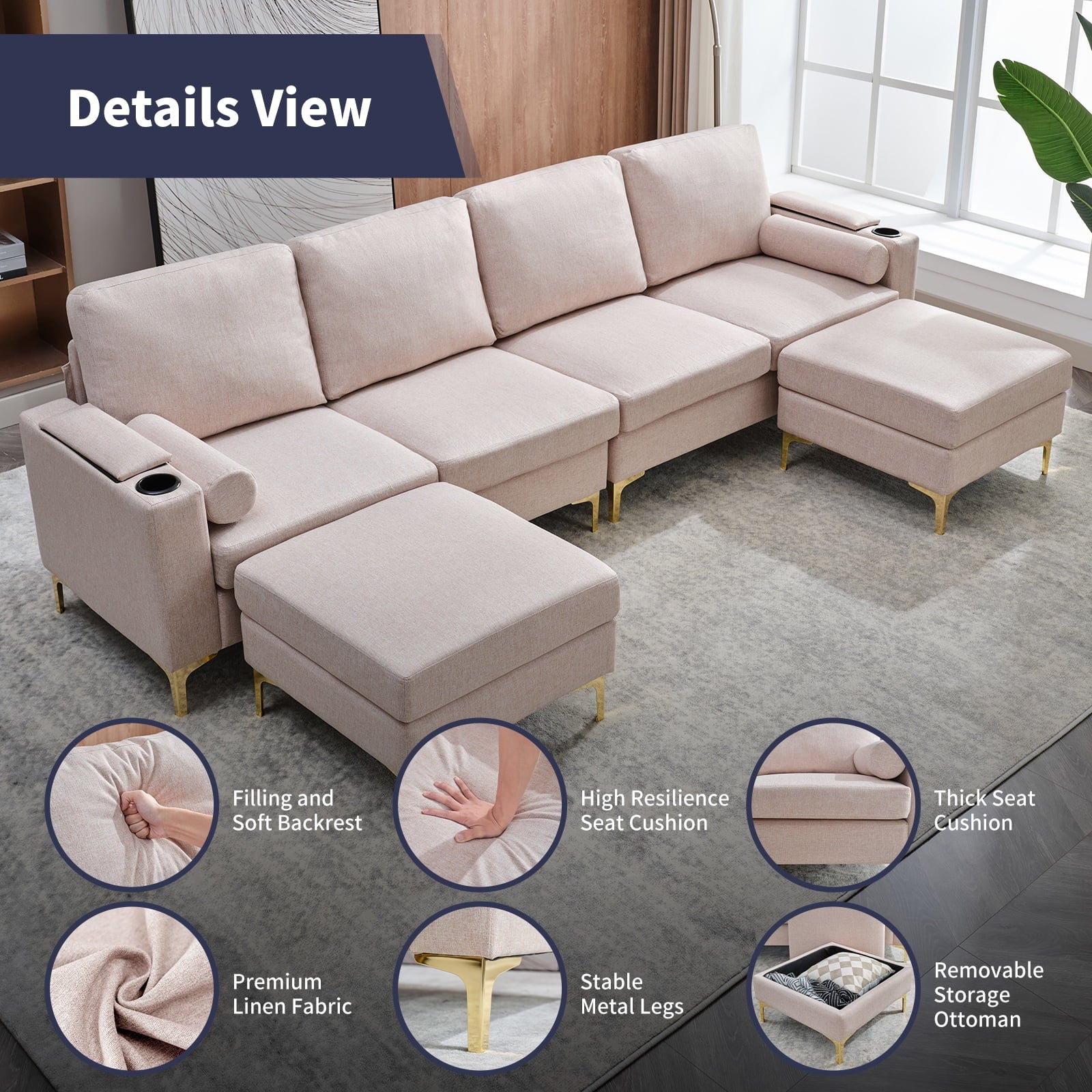 U Shaped Sectional Sofa with Metal Frame - Beige