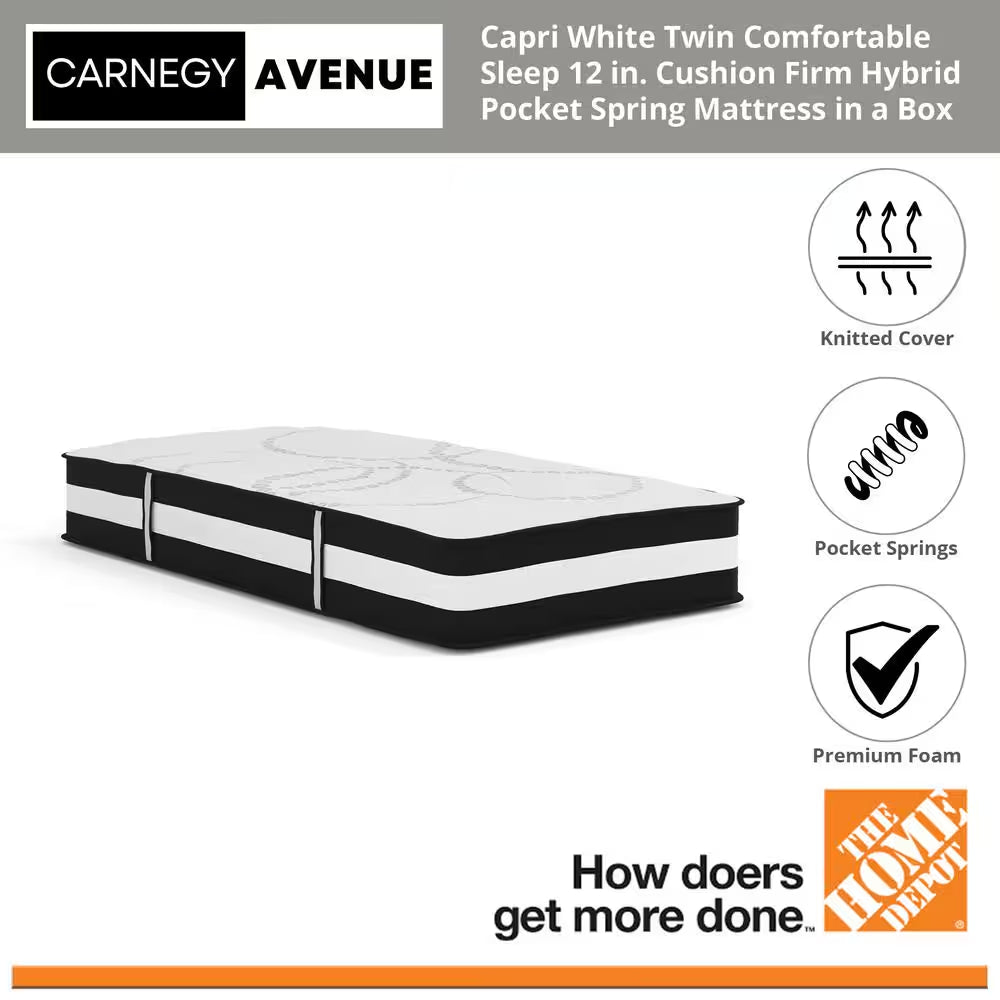 Capri White Twin Comfortable Sleep 12 In. Cushion Firm Hybrid Pocket Spring Mattress in a Box