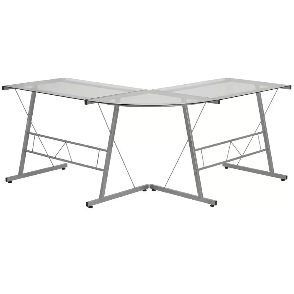 83.5 In. L-Shaped Clear/Silver Computer Desks with Glass Top