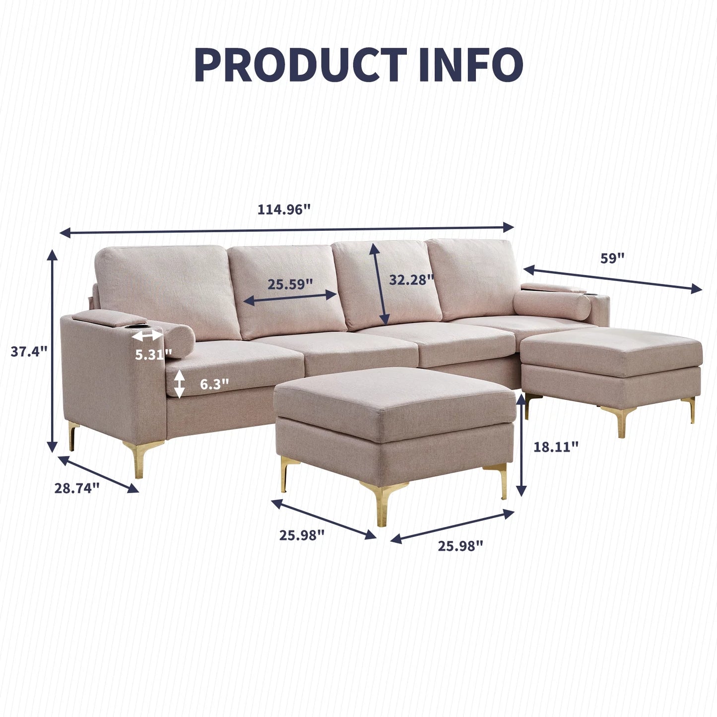 U Shaped Sectional Sofa with Metal Frame - Beige