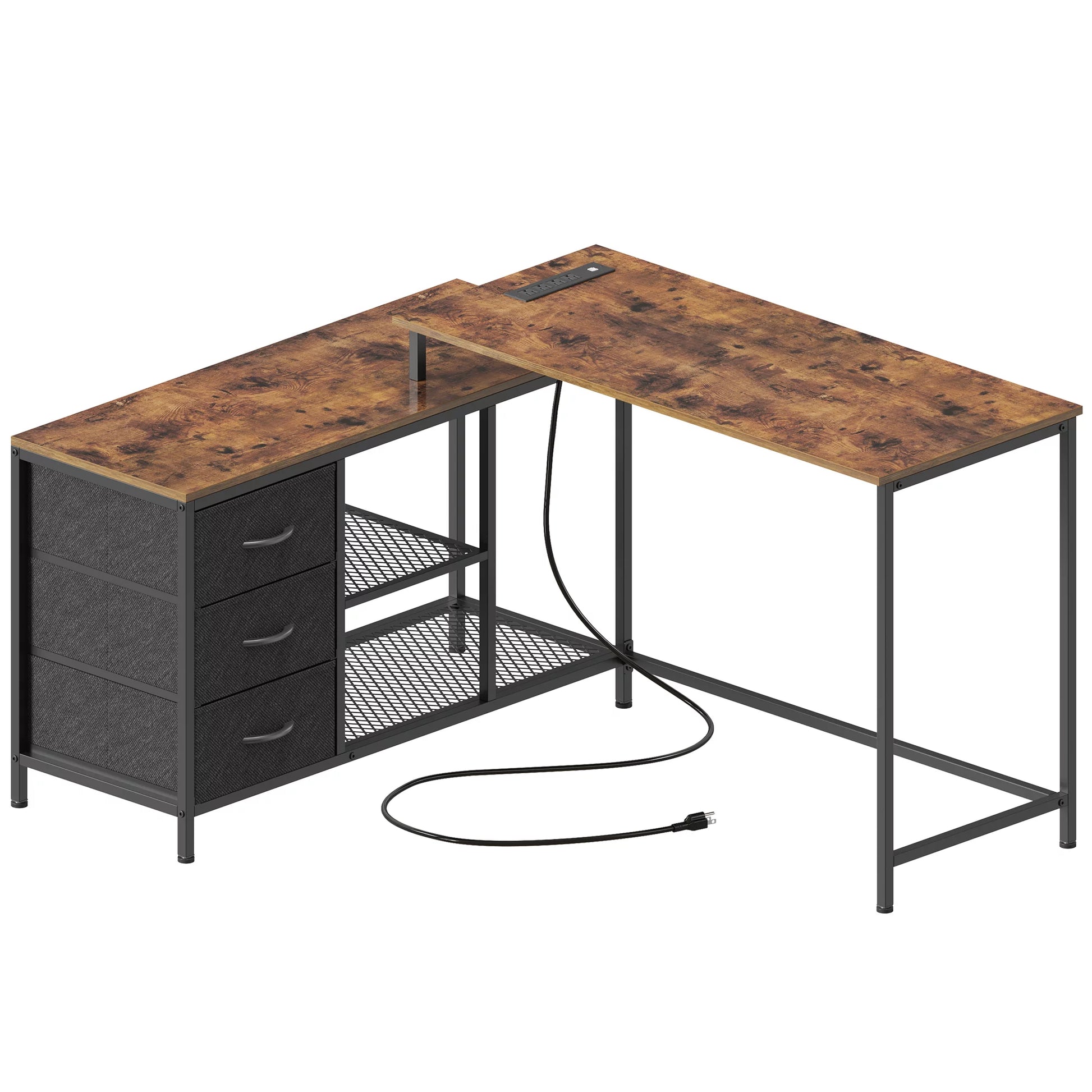 L Shaped Desk with Power Outlets, Computer Desk with Fabric Drawer & Storage Shelves, Rustic Brown