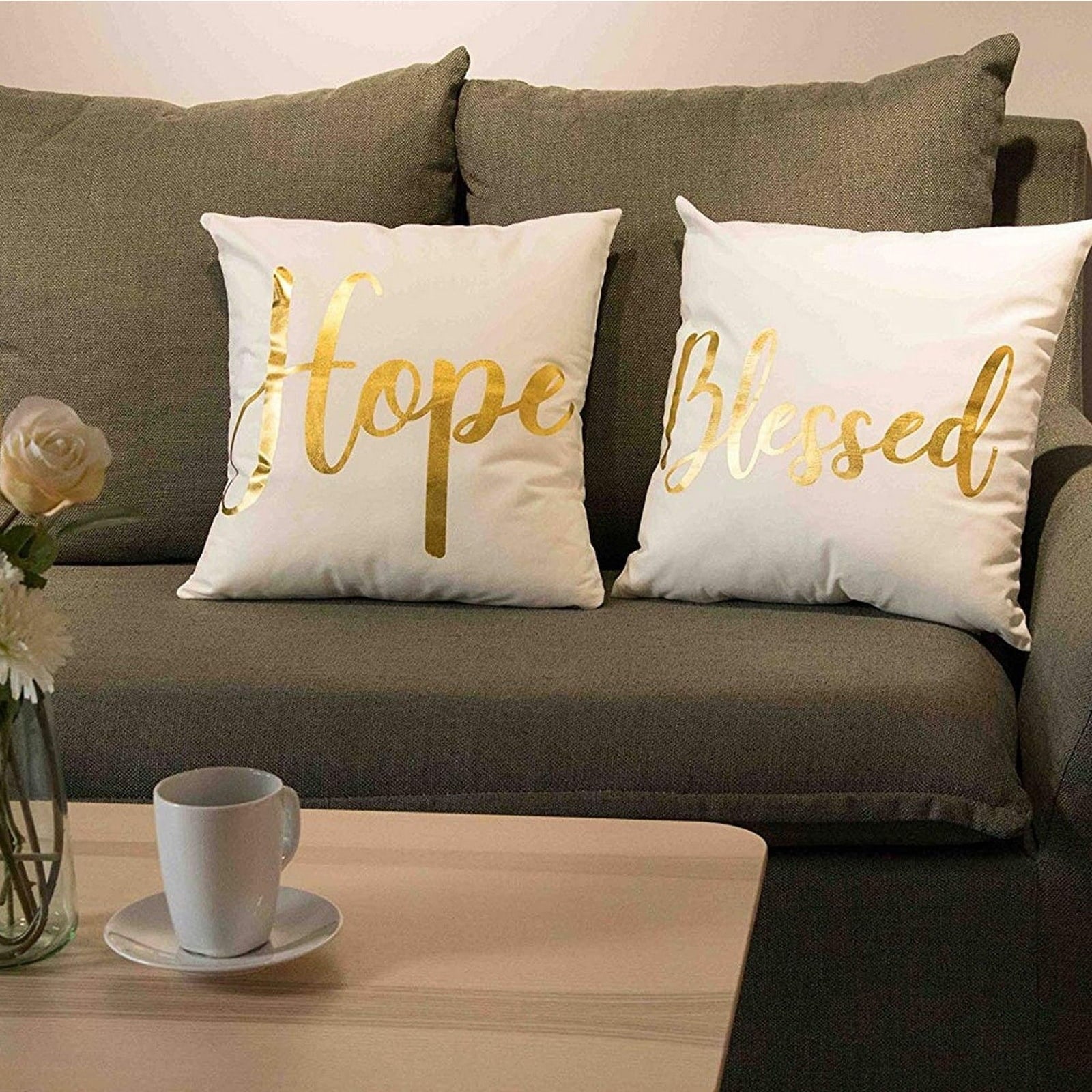 White Throw Pillow Covers, Blessed, Hope, Believe, and Faith (18 X 18 In, 4 Pack)