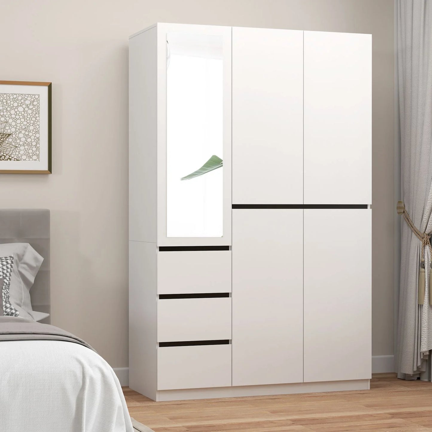 Wardrobe Armoire Closet with Glass Mirror, White Freestanding Wardrobe (W47.24*D20.28*H78.74)