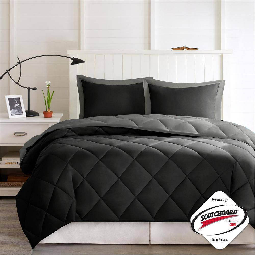 King Size Windsor 3-Piece Black/Gray, Scotchgard Diamond Quilting Reversible 