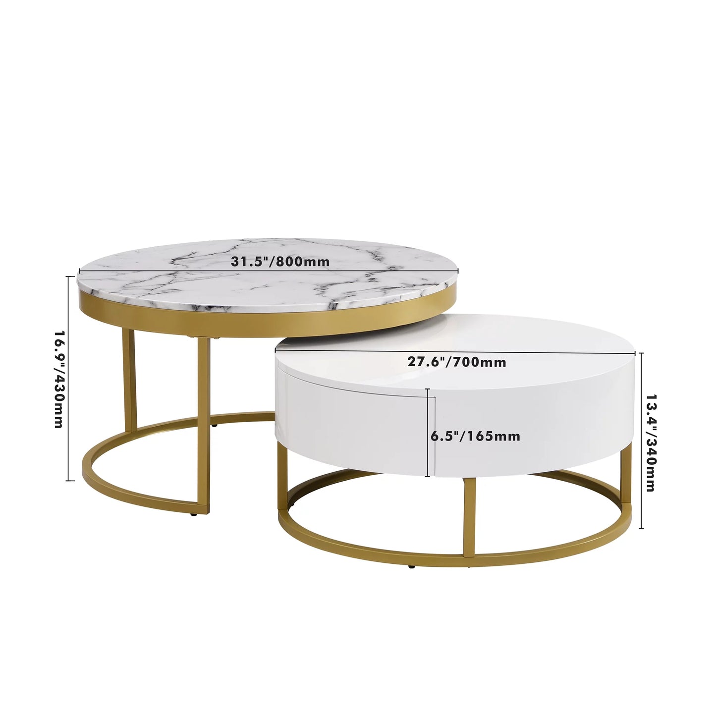 2pc Gold Nesting Coffee Table Set - Storage Drawers