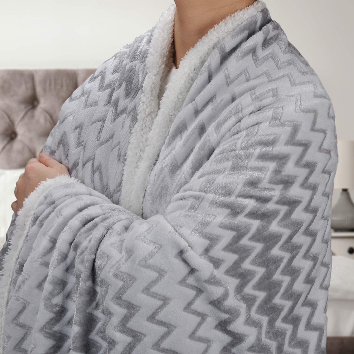 Silky Soft Grey Sherpa Throw Blanket, Flannel Chevron Micro Plush Fleece Throws, Reversible, Comfy, Fuzzy, 50"X60"