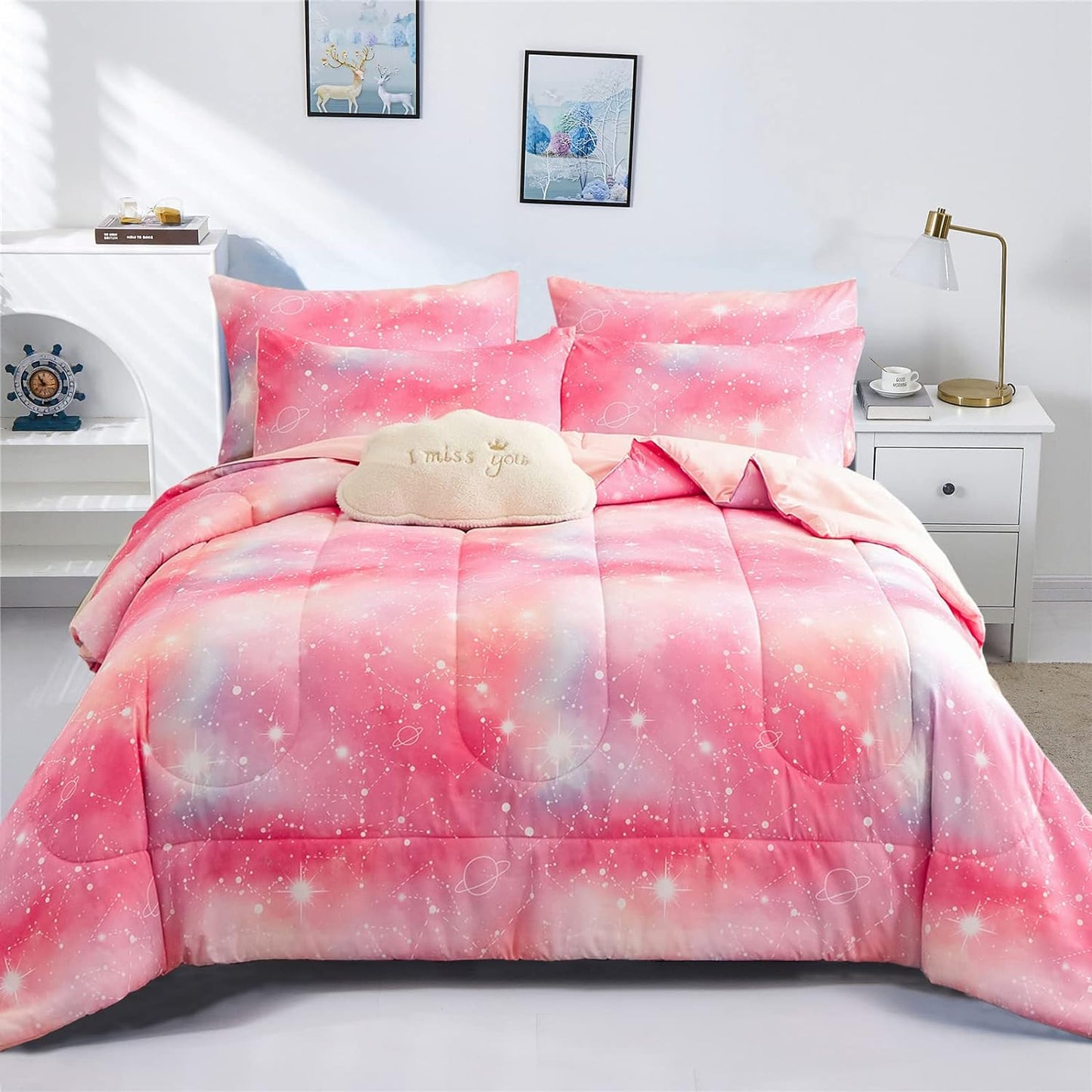 Pink Ombre Glitter Galaxy Comforter Set Twin Size for Girls, Sparkle Constellation Starry Sky Comforter, 2 Piece Soft Microfiber Bedding Sets with 1 Pillow Case (Pink,Twin)