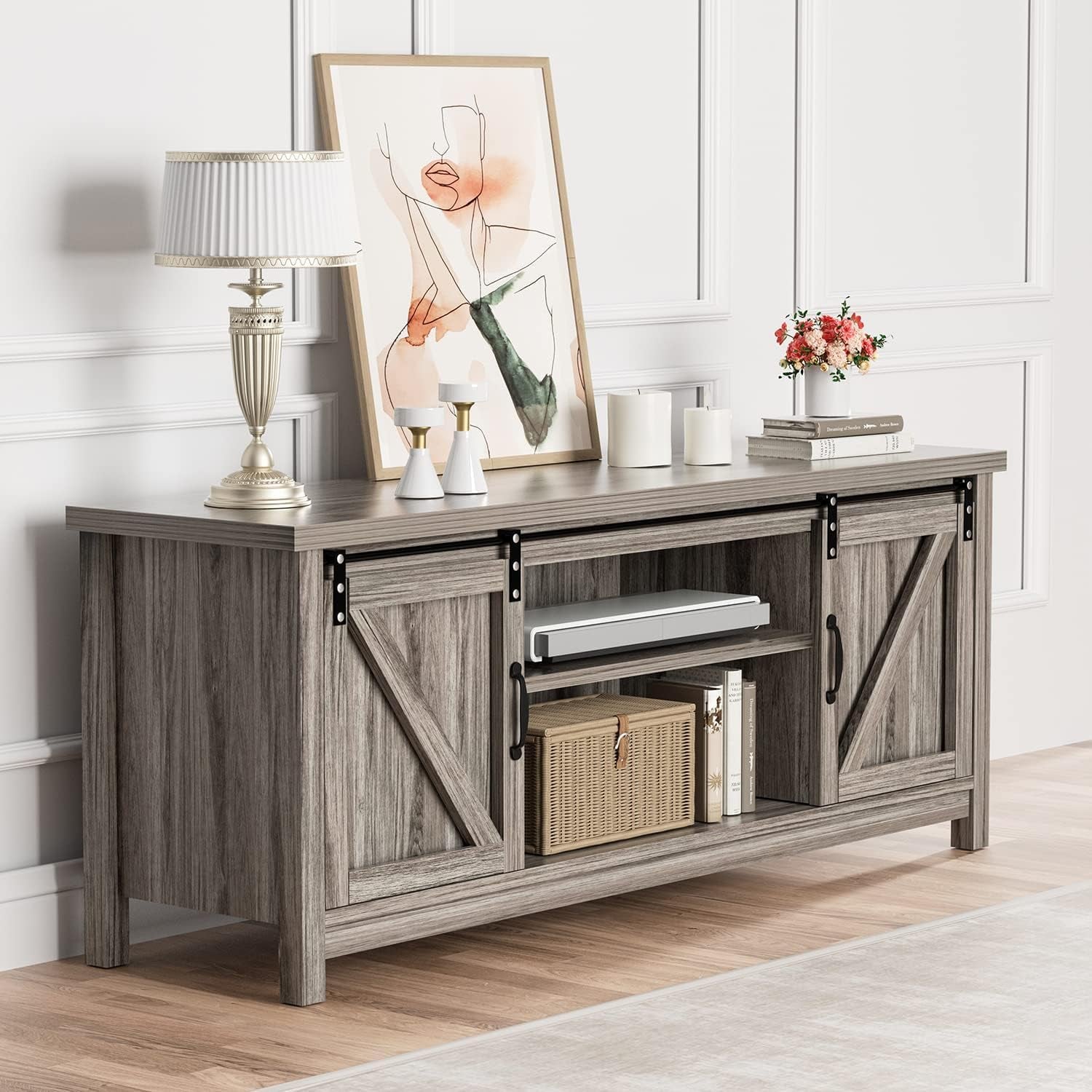 Farmhouse TV Stand with Sliding Barn Doors Entertainment Center for 65 Inch TV, Rustic Gray Wash