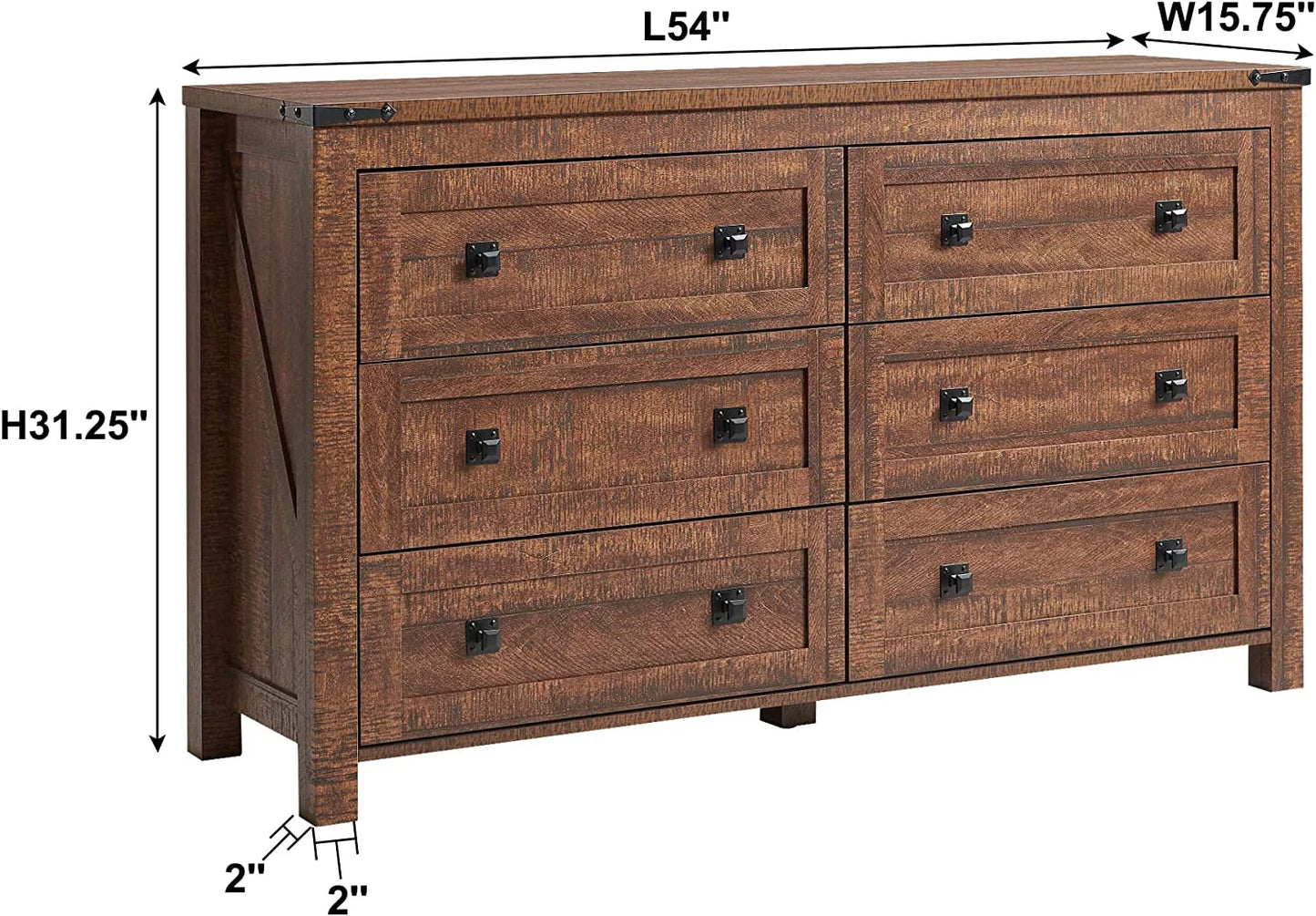 Farmhouse 6-Drawer Dresser Chests, Wood Rustic Chest, Brown