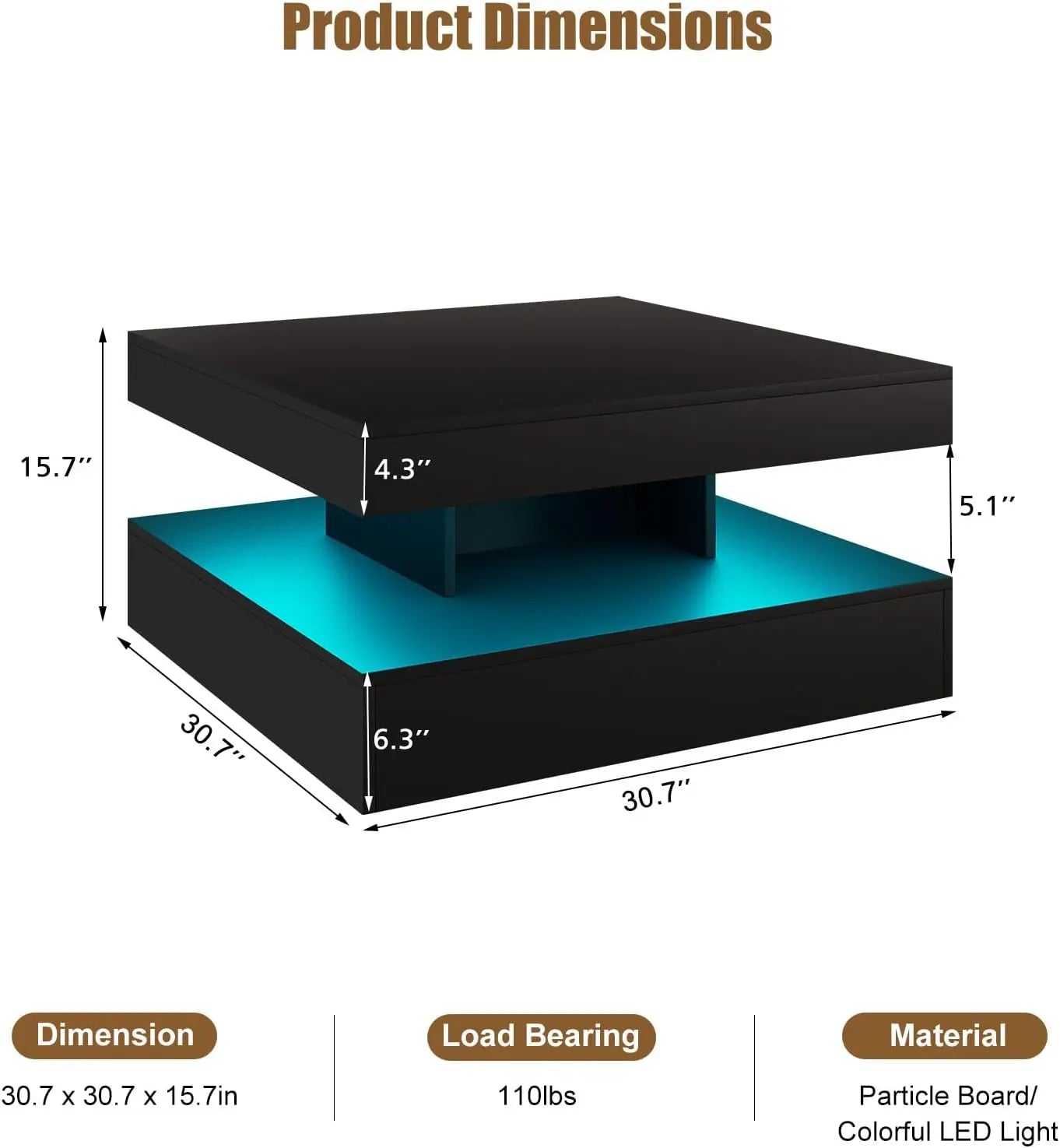 LED Coffee Table with Storage, Modern Smart Tall Square Center Table 2 Tier Display Shelf 20 Colors Light Wood