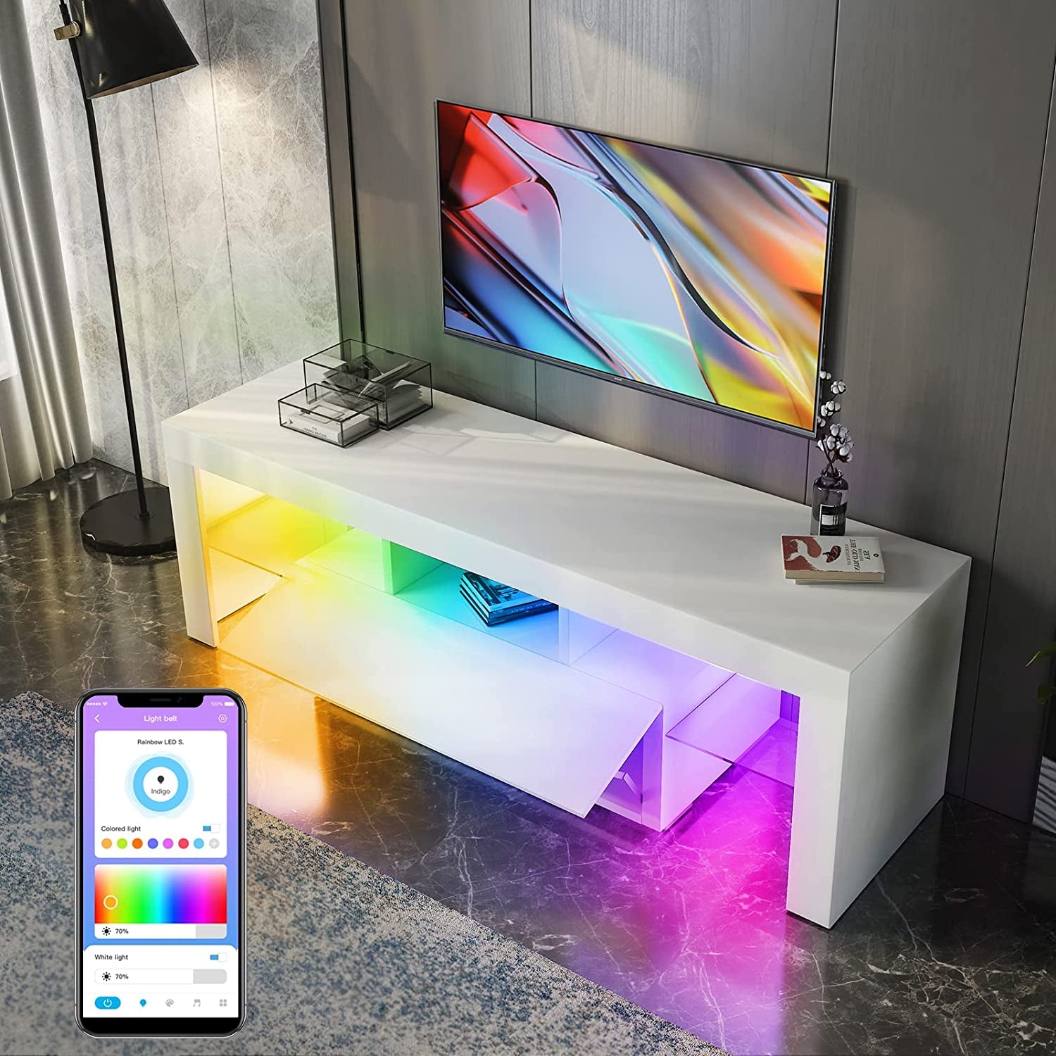 LED TV Stand for 55+ Inch TV, White TV Stands with Smart RGB LED Strip Light (Smart White)