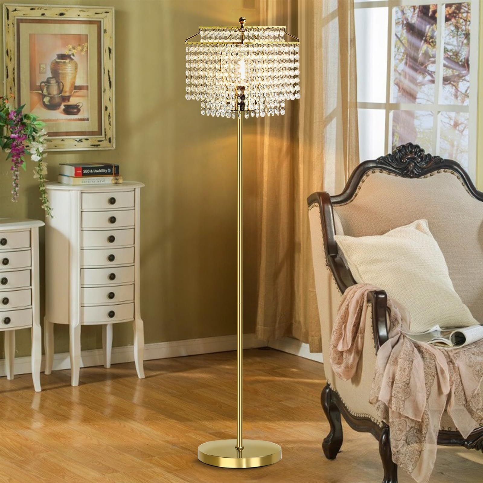 Crystal Floor Lamp Gold, Modern Double-Layer Lampshade, Elegant Standing Lamp with On-Off Foot Switch