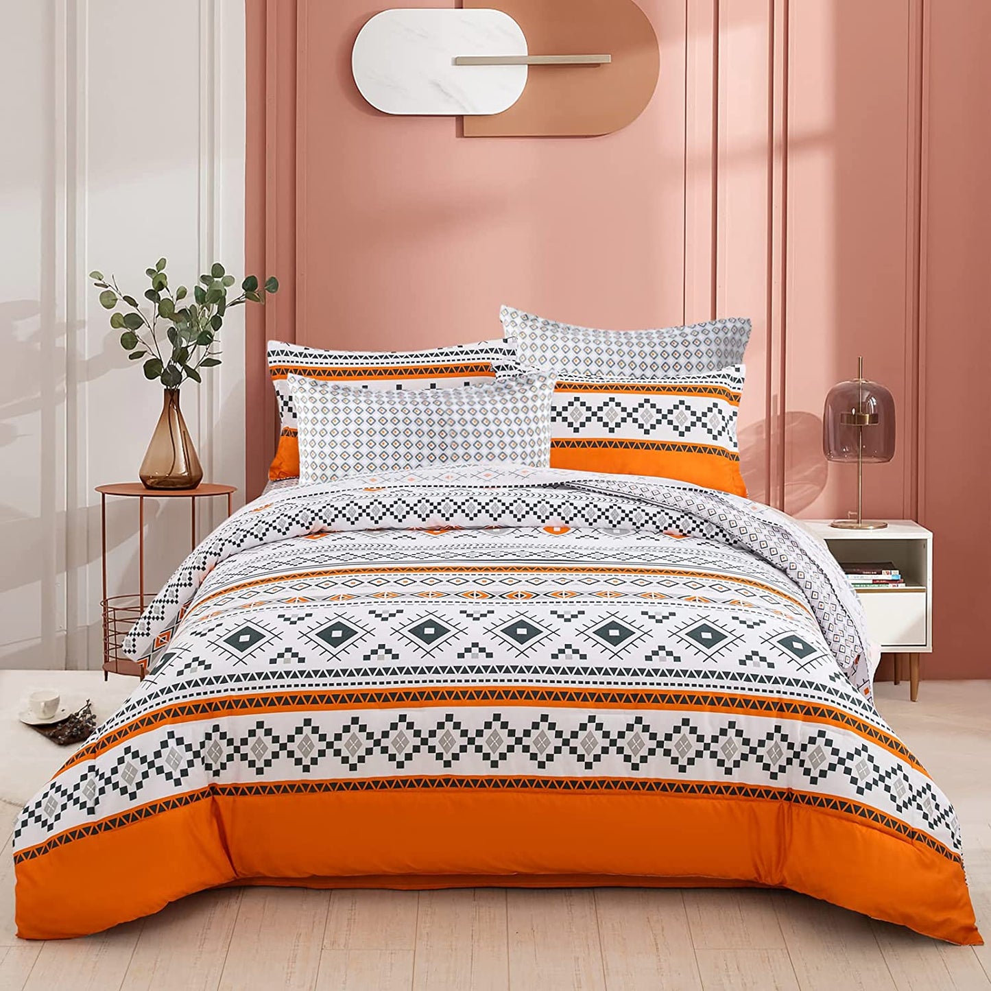 Fall Boho Comforter Set Queen,7 Pieces Autumm Orange Bohemian (1 Comforter,2 Pillowcases,1 Flat Sheet,1 Fitted Sheet,2 Pillow Shams)