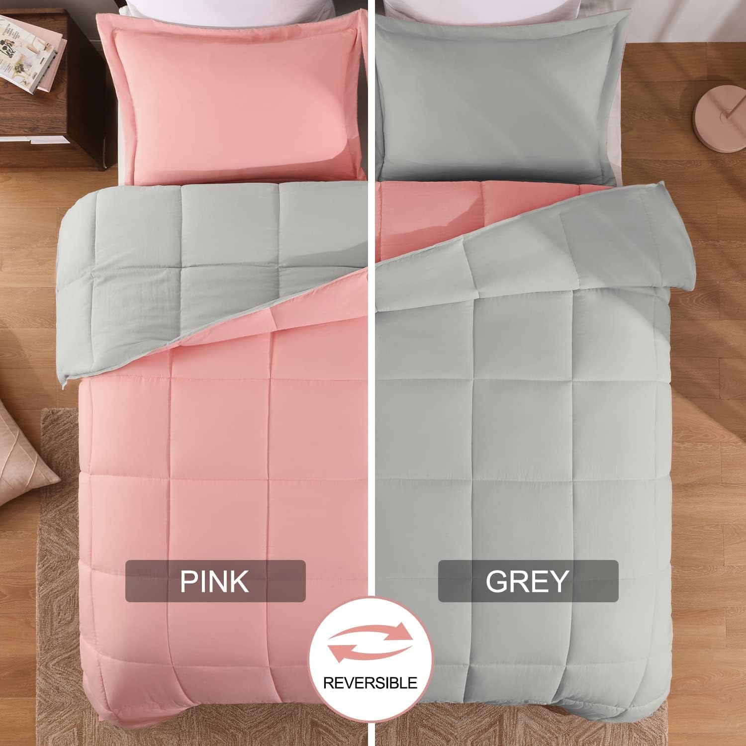 Twin Comforter Set - Fluffy Twin Bed Comforter Set - Reversible Pink and Grey Twin - 2 Pieces (1 Comforter + 1 Pillow Sham)