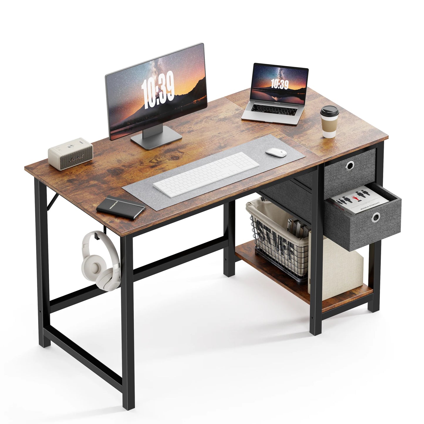 Computer Desk with Drawers 55 Inch, with 2-Tier Drawers