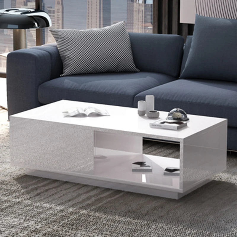 Modern Living Room High-Gloss RGB LED Coffee Table Coffee Table 2 Drawer Cabinet Storage