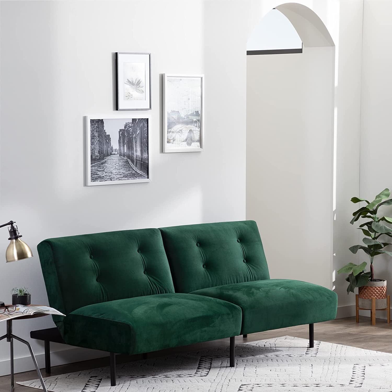 Gilman Futon - Armless Sofa Bed Couch - Green Velvet Futon, Deluxe