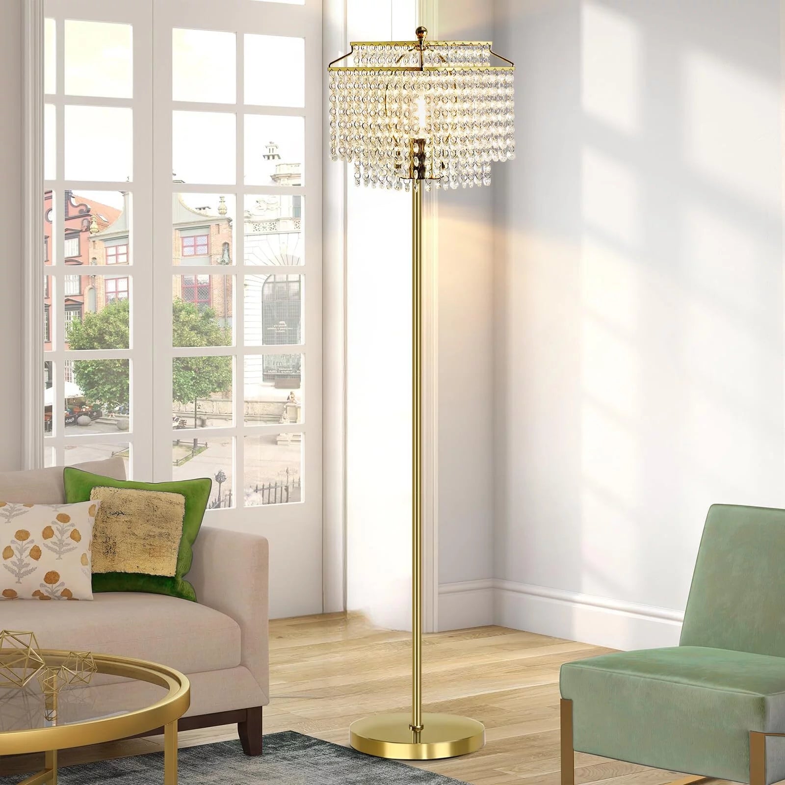 Crystal Floor Lamp Gold, Modern Double-Layer Lampshade, Elegant Standing Lamp with On-Off Foot Switch