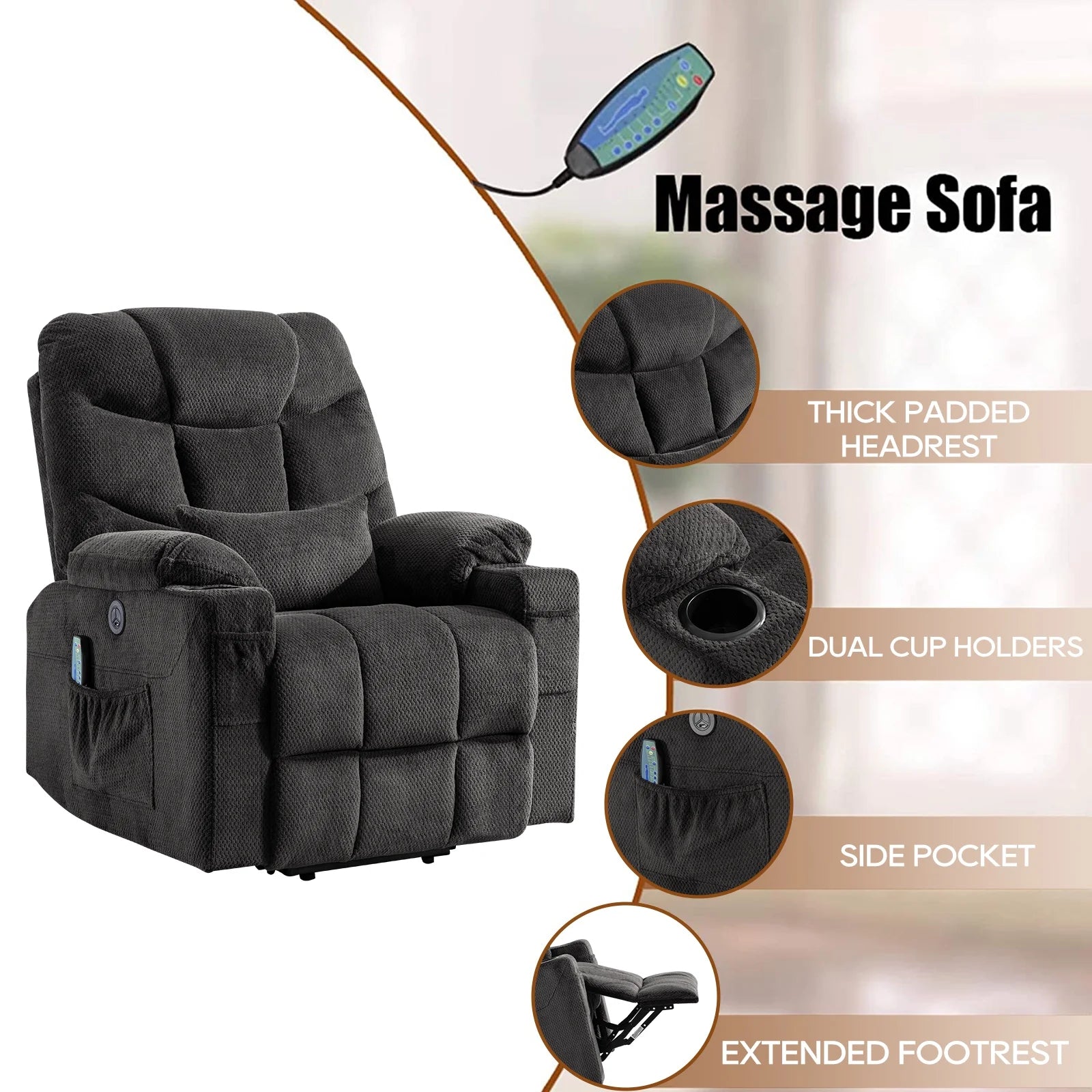 Power Lift Recliner Chairs Velvet Electric Vibration Massage Heat Remote Control USB Port Dark Gray