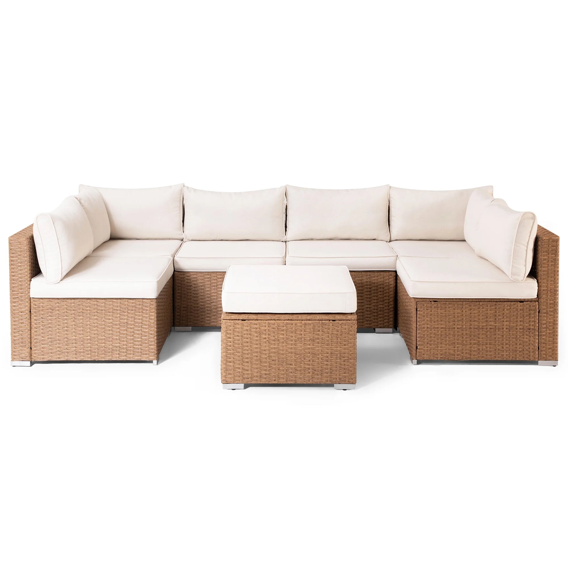 7 Pieces Patio Set, Outdoor Sectionals with 6 Chairs and 1 Coffee Table, Beige Cushions & Brown Wicker