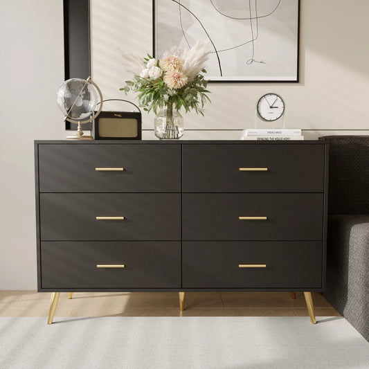 6 Drawer Dresser, Modern Wood Dresser with Wide Drawers and Metal Handles, (Black-47.2")