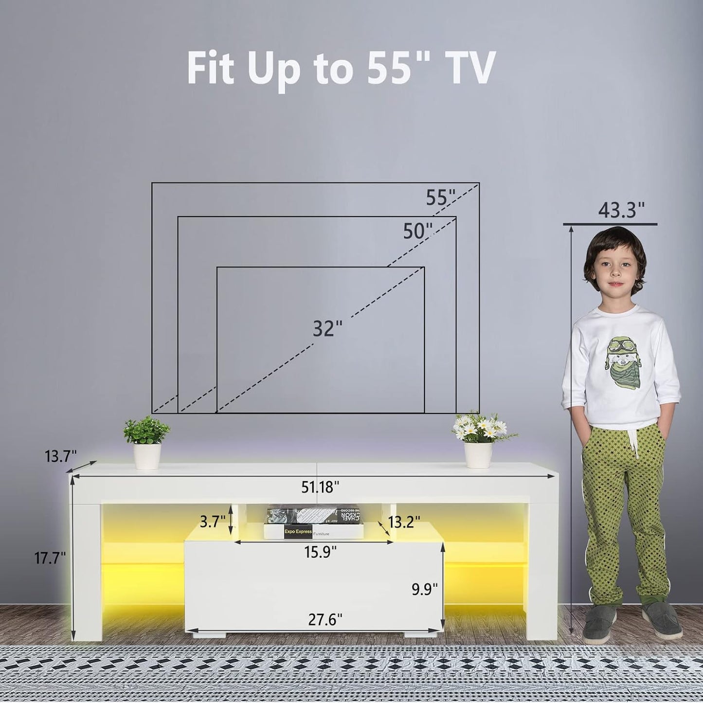 LED TV Stand for Tvs up to 55 Inch, LED Lights and Storage (White, 51'' X 14'' X 18'')