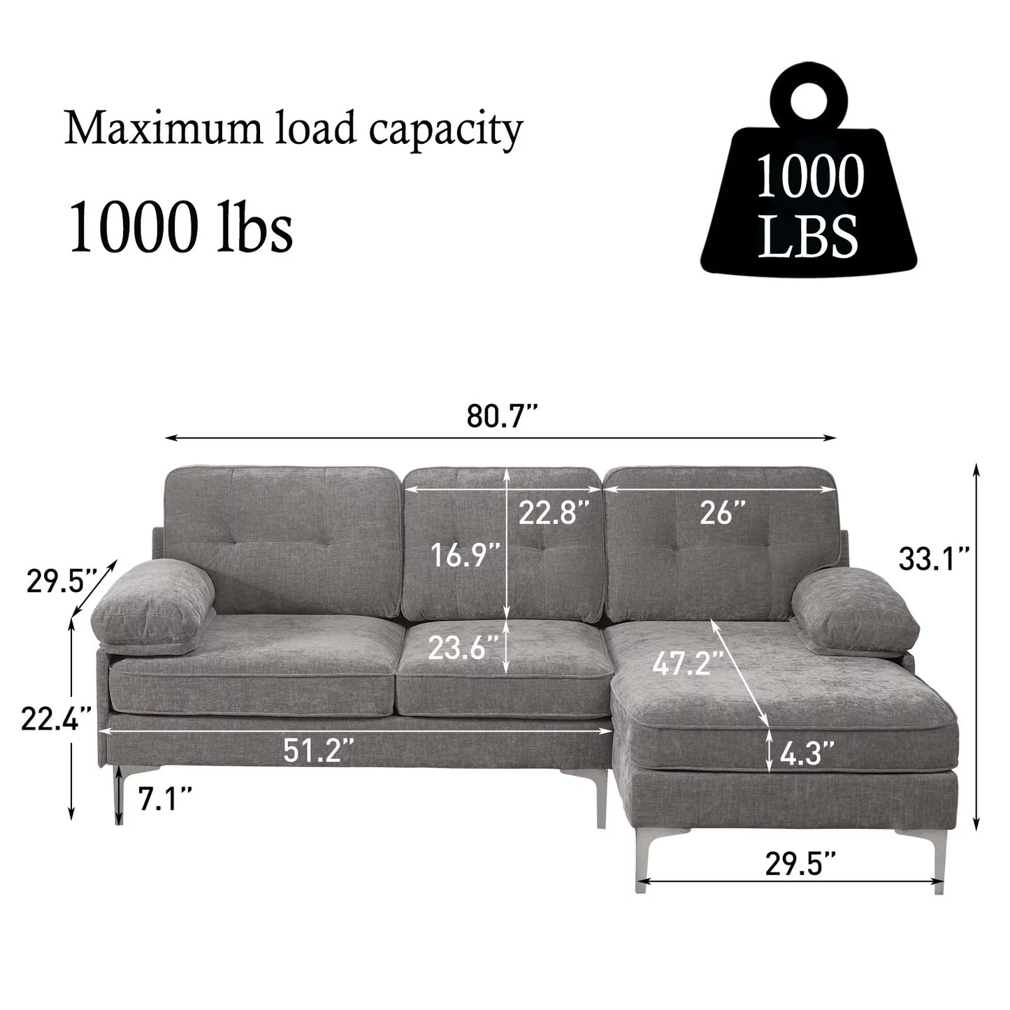 Convertible Sectional Sofa Couch, Convertible L Shaped Couch with Reversible Chaise, 3 Seater, Gray