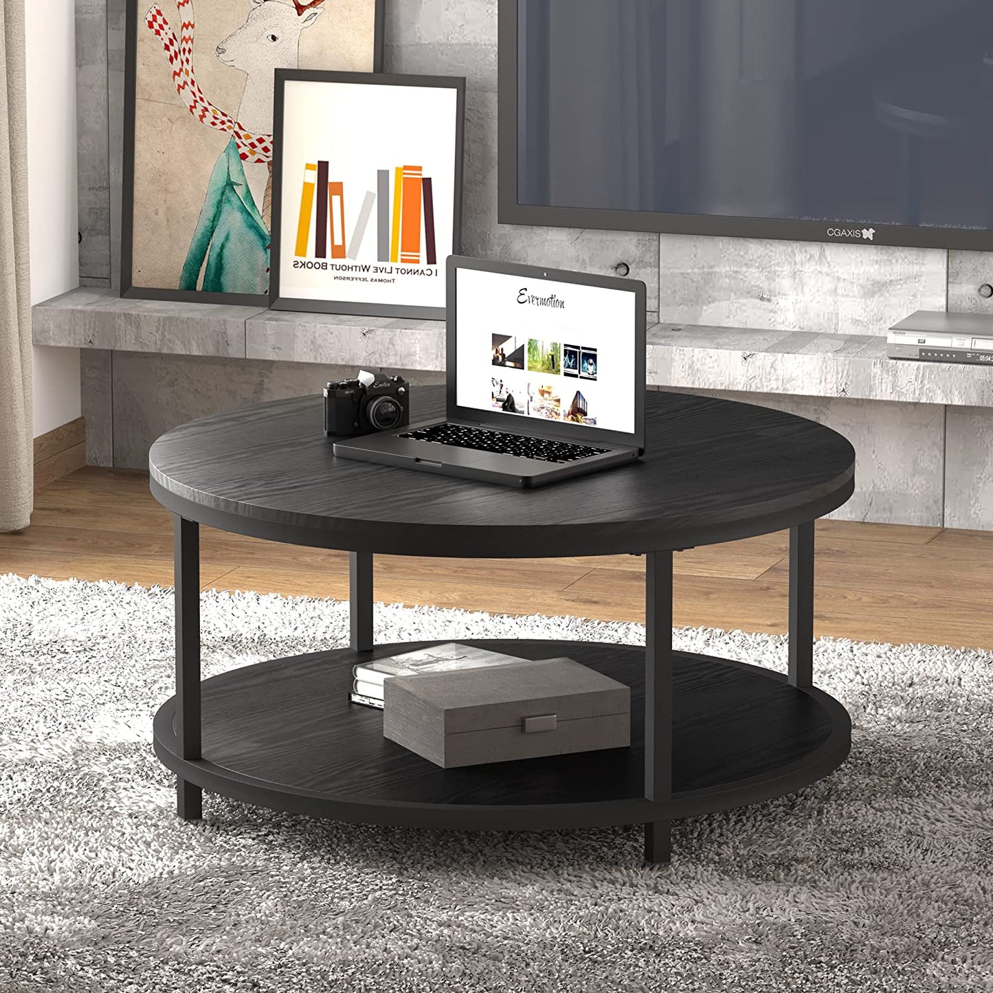 36 Inches round Coffee Table, Rustic Wooden Surface Top & Sturdy Metal Legs with Storage Open Shelf (Black)