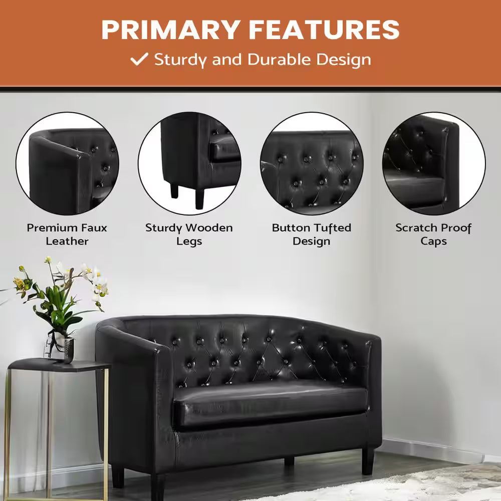 48 In. Black Love Seat, Button Tufted Faux Leather Barrel Loveseat, Loveseat