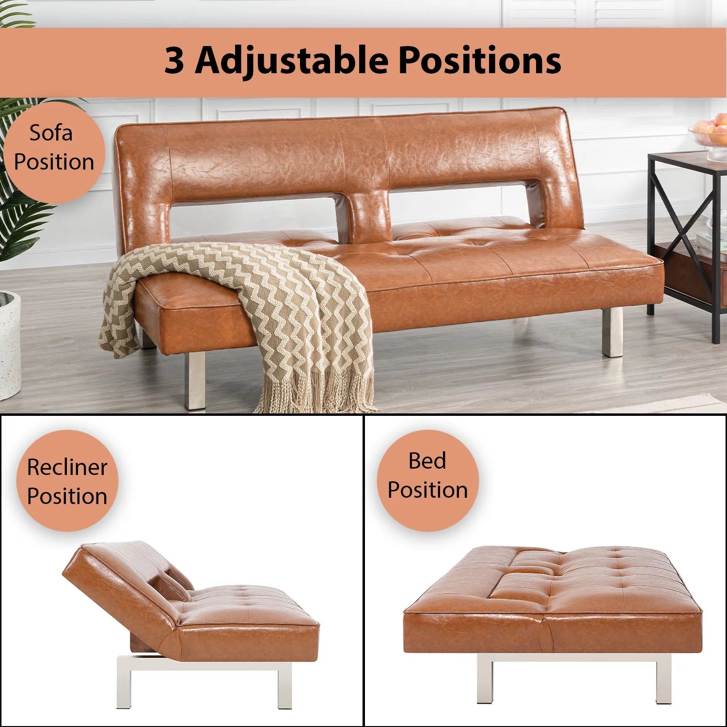 Modern Convertible Futon Sofa Bed with Chrome Metal Legs, European Style Reclining Futon Sofa, Faux Leather, Caramel