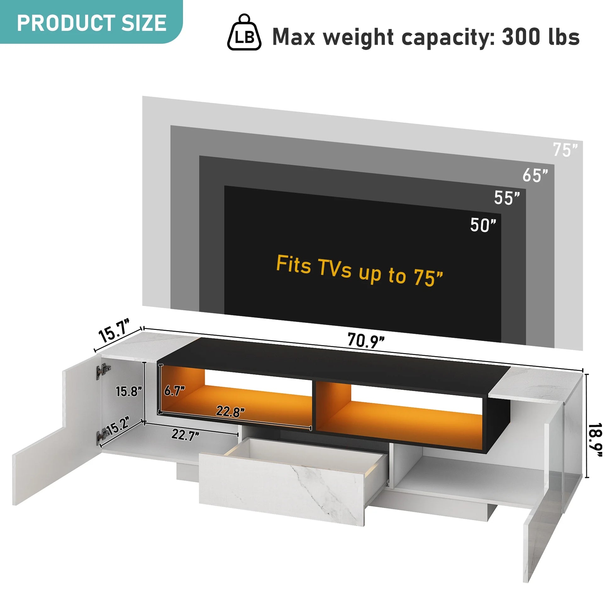 LED TV Stand for up to 80" Tvs, Modern 70 Inch with 2-Door Cabinets & 1 Drawer Storage, Marble White