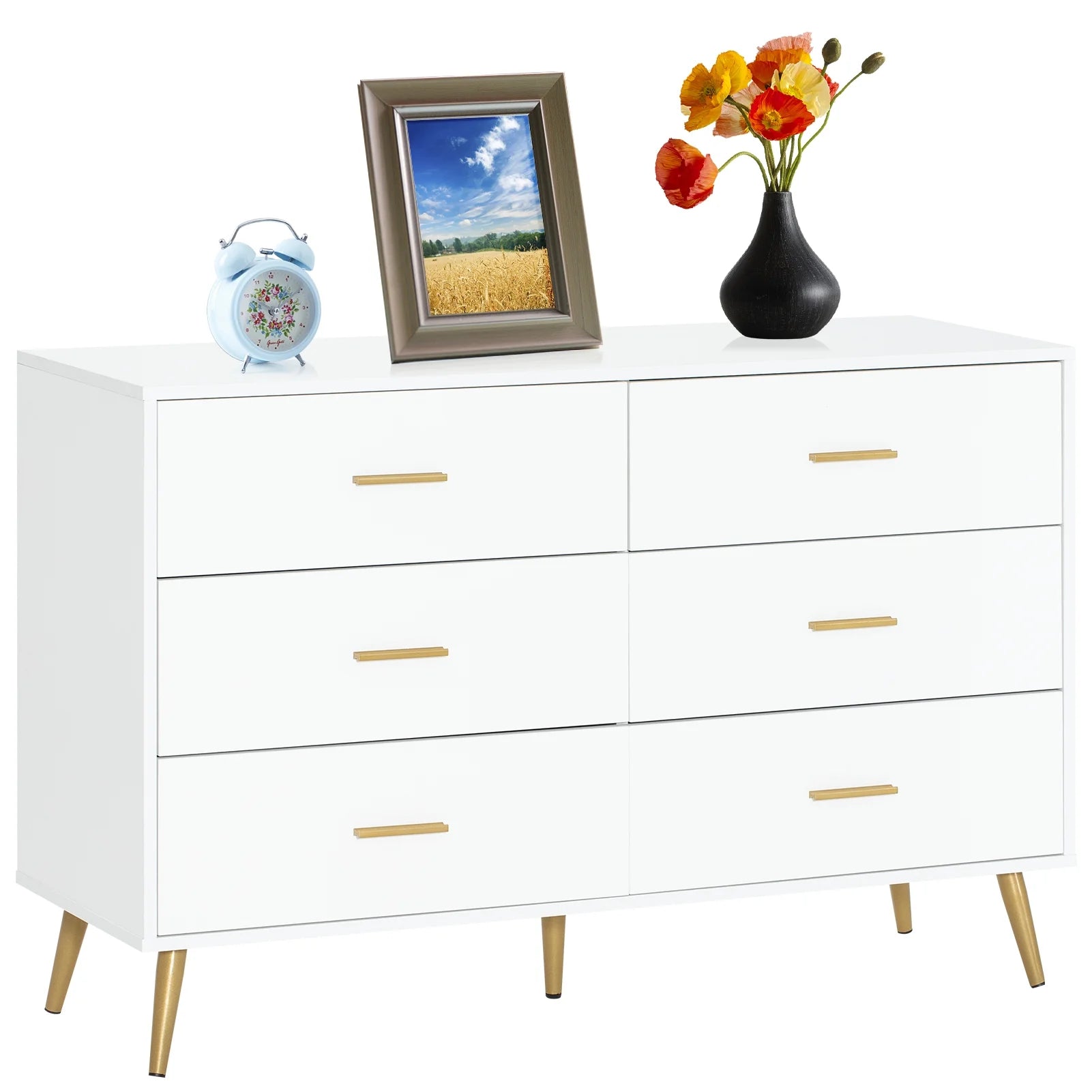 6 Drawer Dresser, Modern Wood, with Wide Drawers and Metal Handles, (White-47.2")