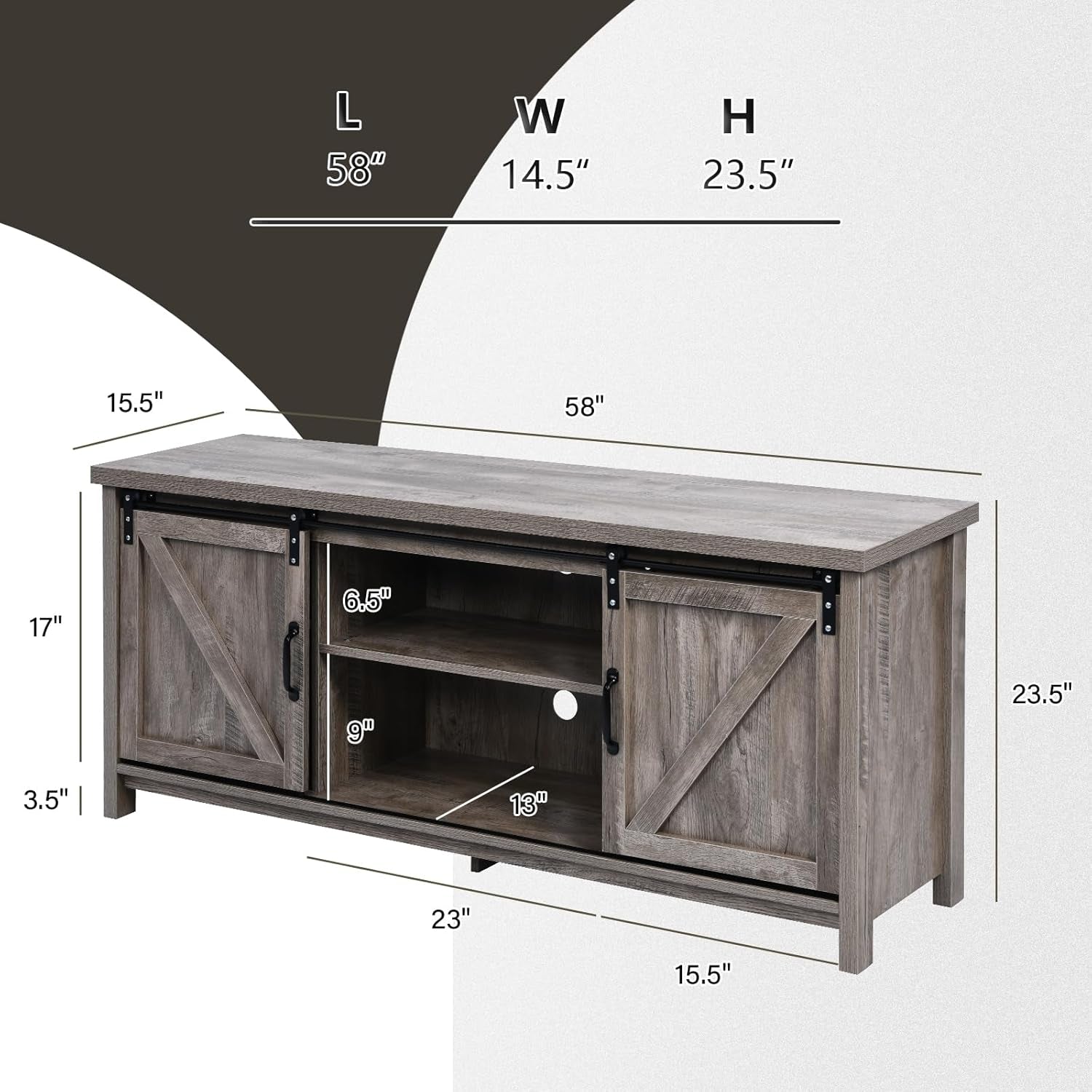 Farmhouse TV Stand with Sliding Barn Doors Entertainment Center for 65 Inch TV, Rustic Gray Wash