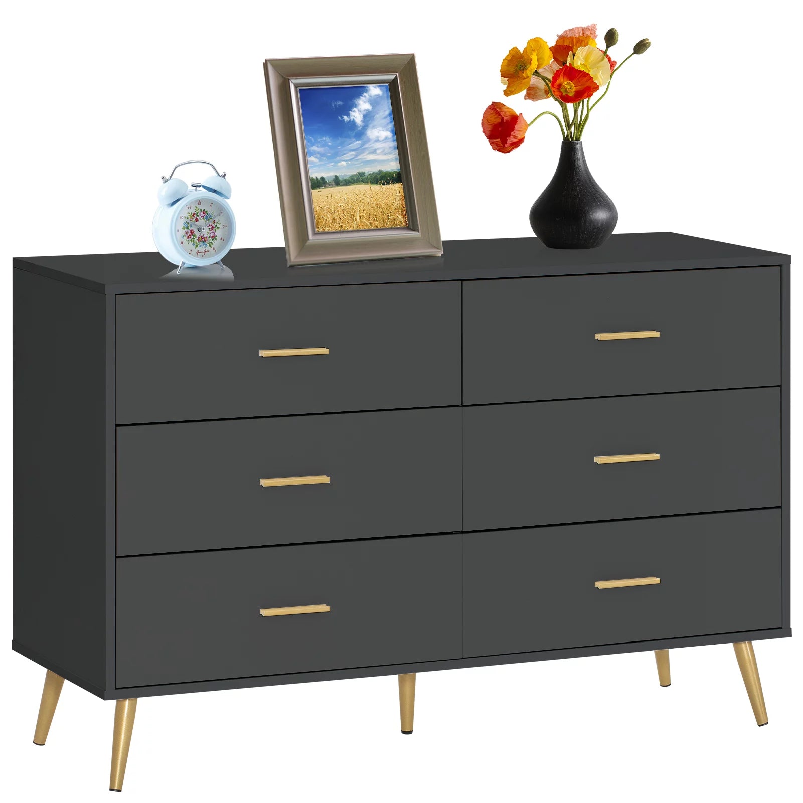 6 Drawer Dresser, Modern Wood Dresser with Wide Drawers and Metal Handles, (Black-47.2")