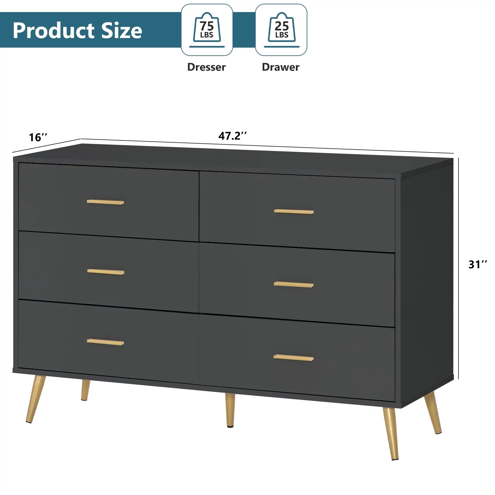 6 Drawer Dresser, Modern Wood Dresser with Wide Drawers and Metal Handles, (Black-47.2")