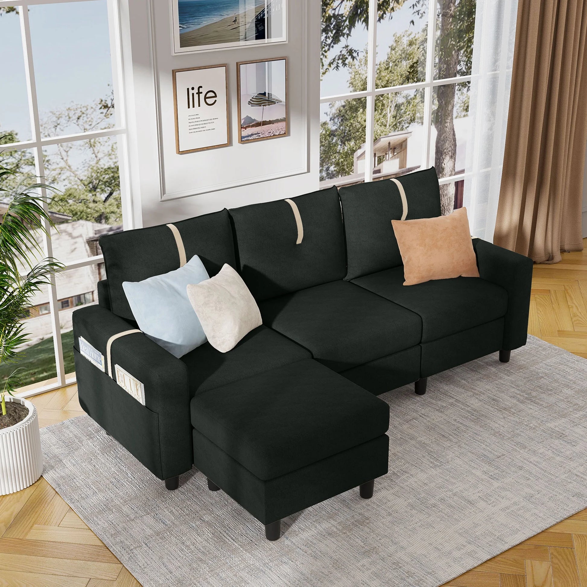 Sherpa Sectional Sofa with Footstool, Black