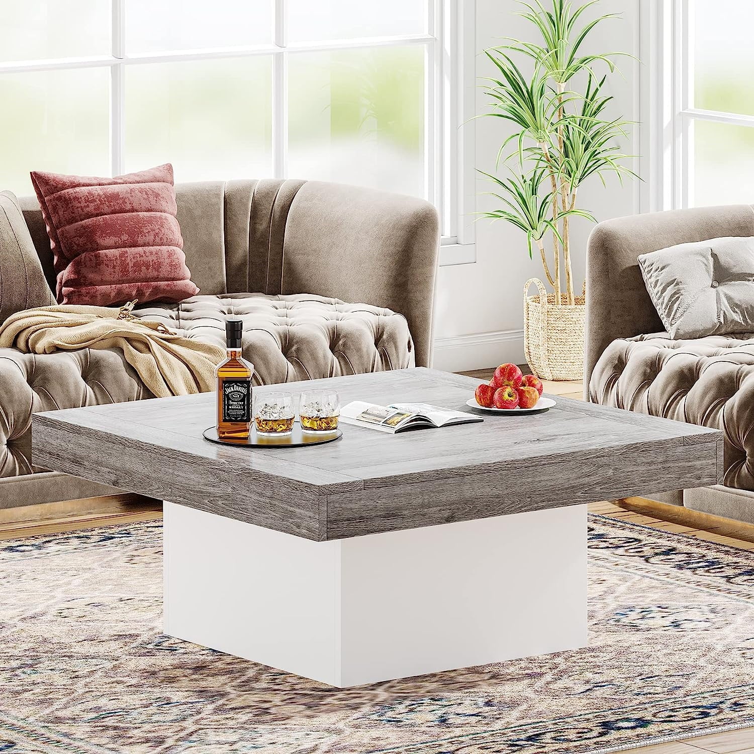 Farmhouse Coffee Table Square LED  Rustic Grey & White