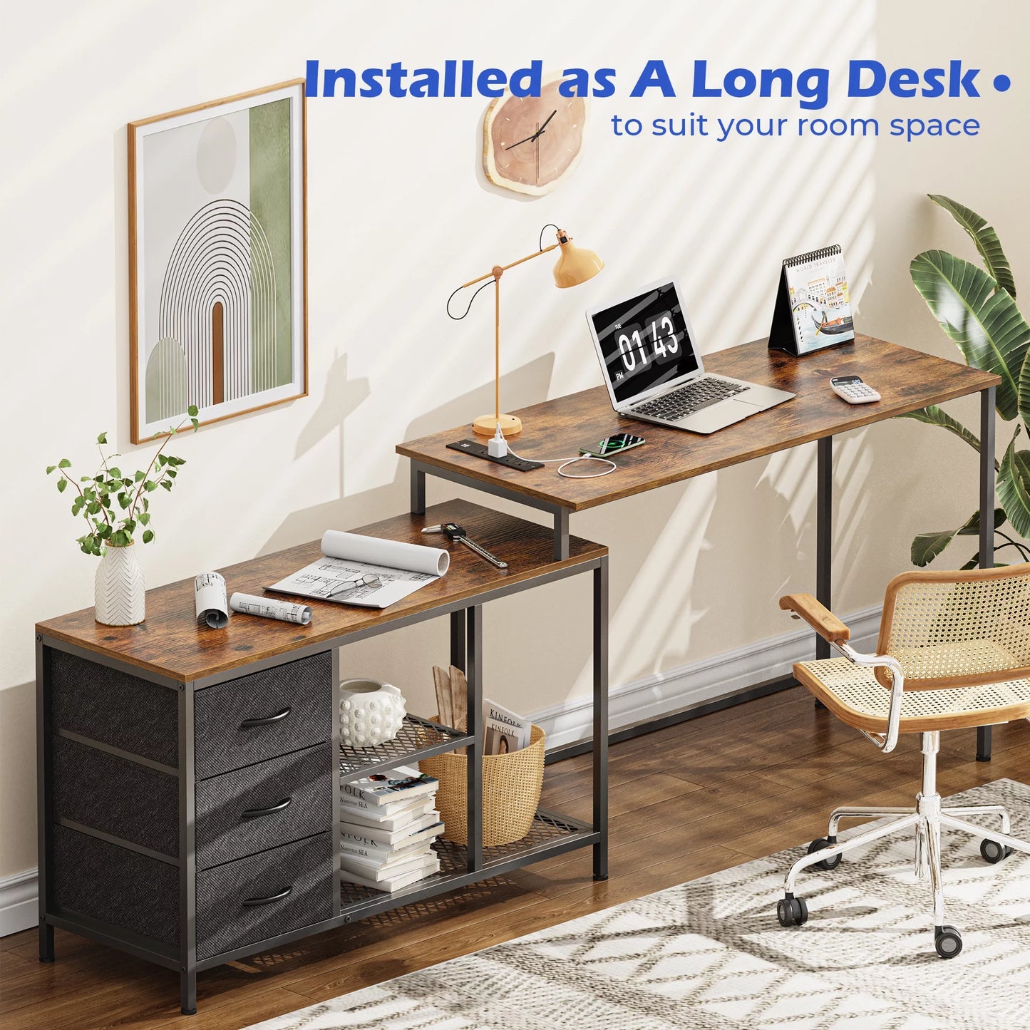 L Shaped Desk with Power Outlets, Computer Desk with Fabric Drawer & Storage Shelves, Rustic Brown