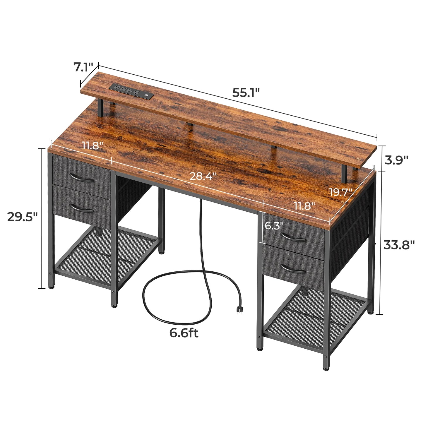 55.1" LED Gaming Desk with Drawers, with Outlets, 4 Drawers, Brown