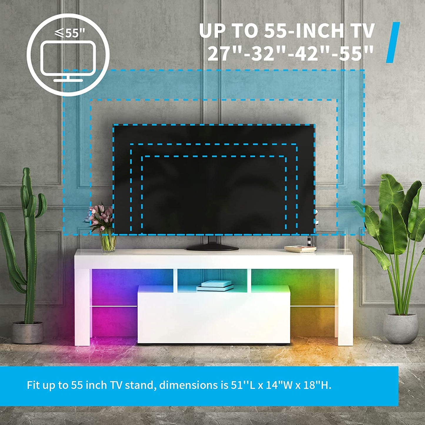 LED TV Stand for 55+ Inch TV, White TV Stands with Smart RGB LED Strip Light (Smart White)