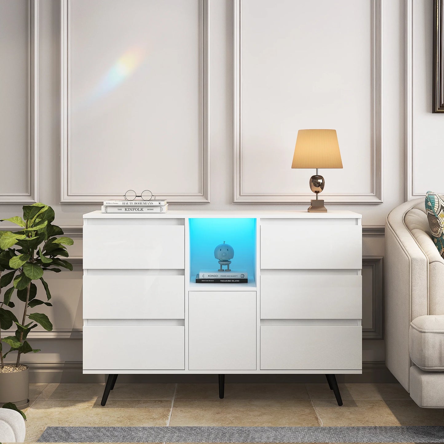 White 6 Drawer Dresser with LED Lights Display and Storage Cabinet