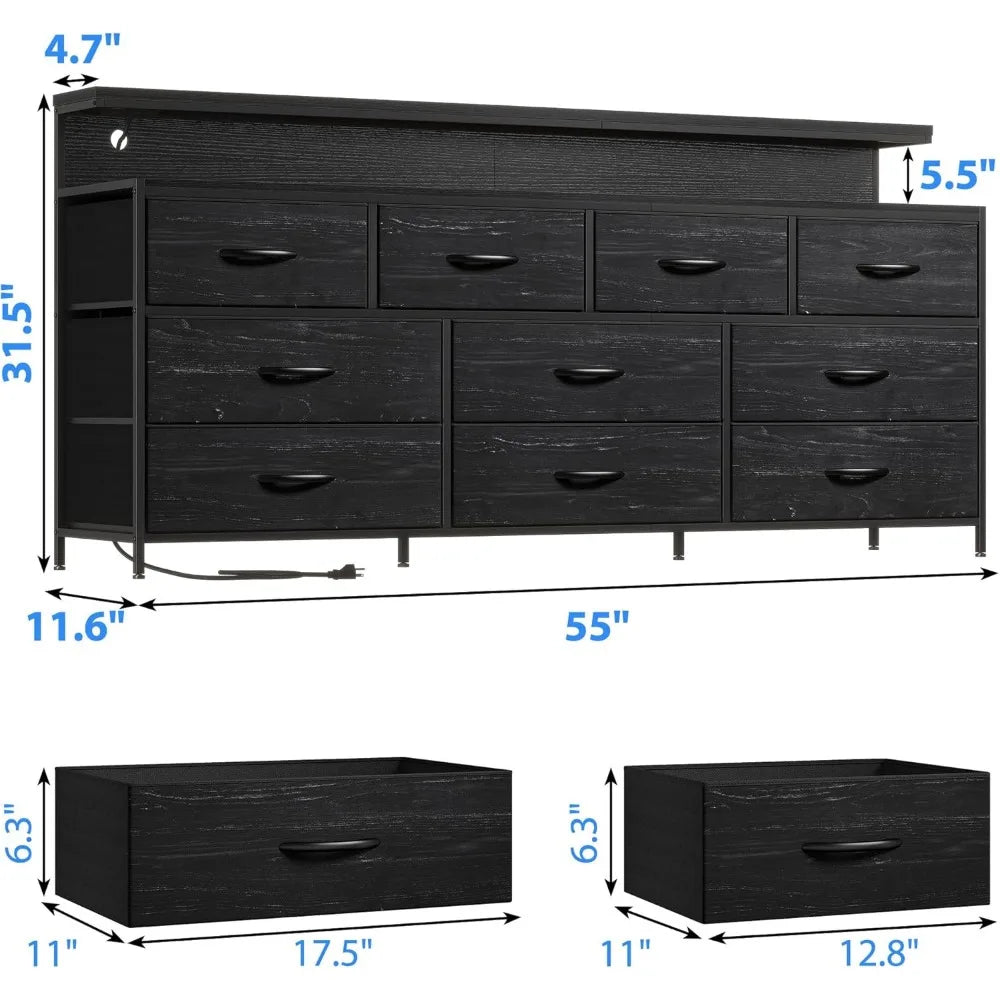 55" W Dresser with 10 Drawers Dresser with LED Lights & Power Outlets Dressers & Chests of Drawers Charcoal Black