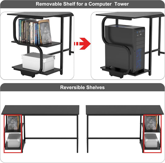 Reversible Computer Desk, Small Desk with Shelves, 55 Inch Gaming Desk