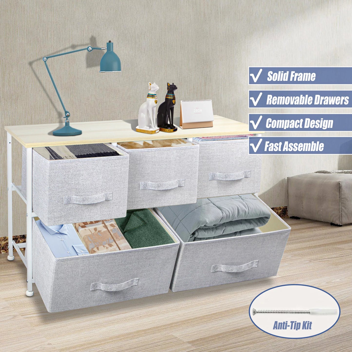 Dresser Storage Organizer, Fabric Dressers Steel Frame, Wood Top (Light Grey-5 Drawers)